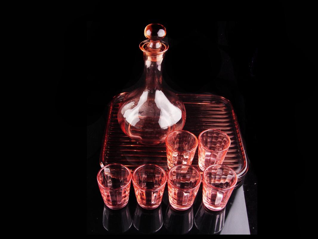 Pink Depression glass set - Vintage Decanter - ribbed glass tray - 6 pink shot glasses - vintage barware - liquor bottle set