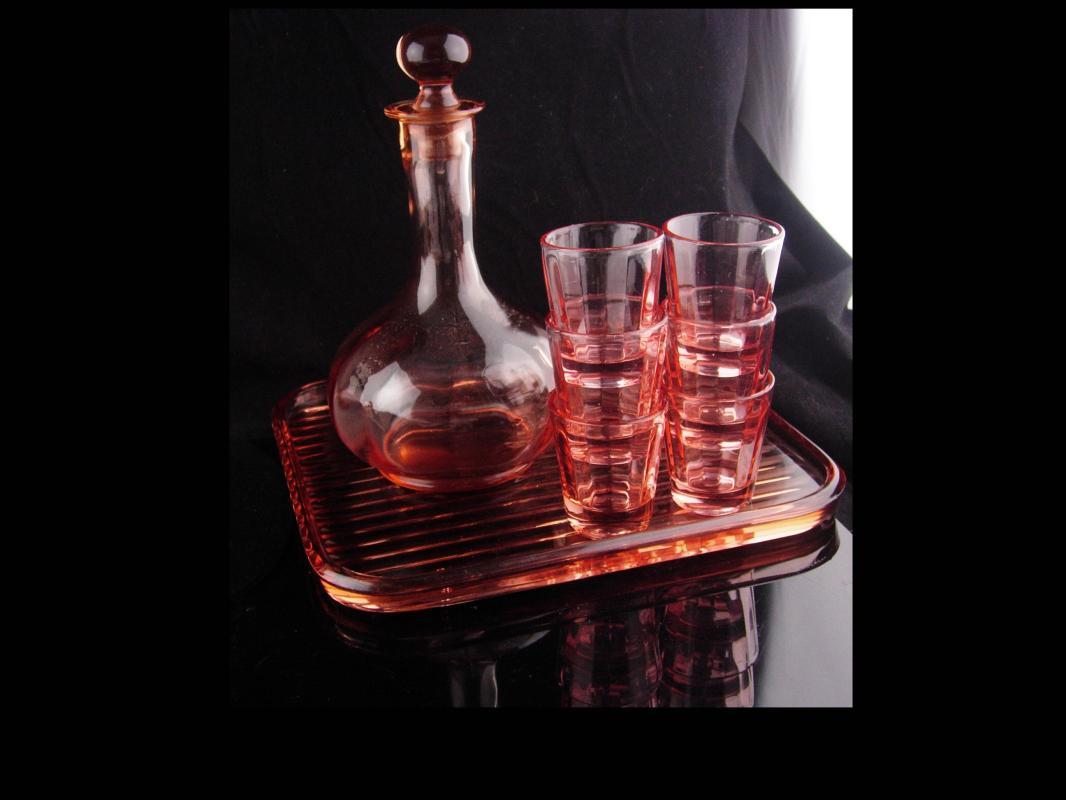 Pink Depression glass set - Vintage Decanter - ribbed glass tray - 6 pink shot glasses - vintage barware - liquor bottle set