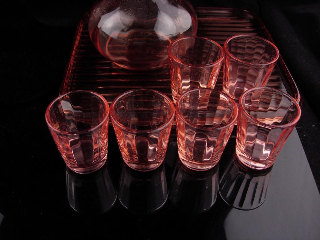 Pink Depression glass set - Vintage Decanter - ribbed glass tray - 6 pink shot glasses - vintage barware - liquor bottle set