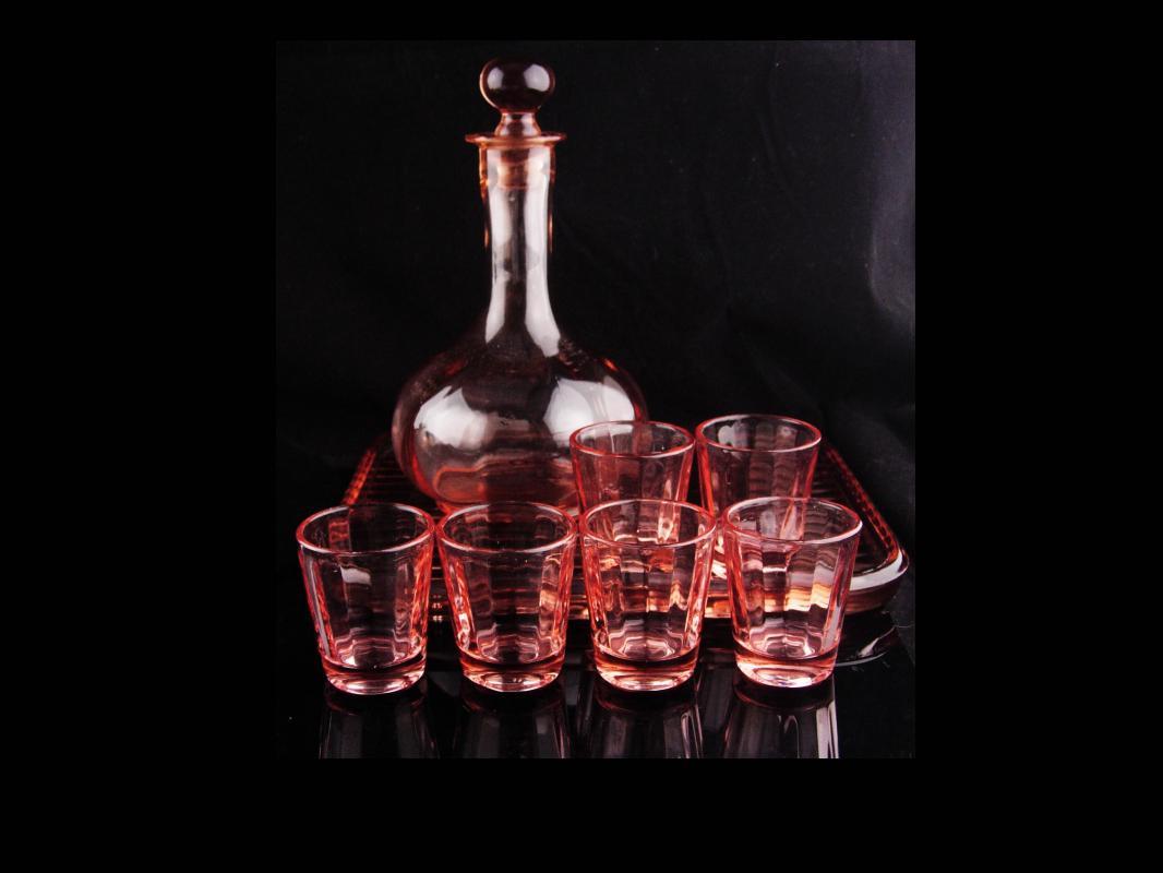 Pink Depression glass set - Vintage Decanter - ribbed glass tray - 6 pink shot glasses - vintage barware - liquor bottle set