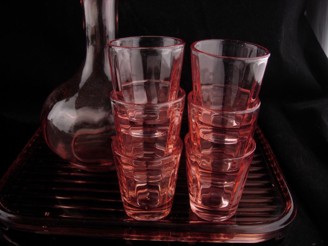 Pink Depression glass set - Vintage Decanter - ribbed glass tray - 6 pink shot glasses - vintage barware - liquor bottle set