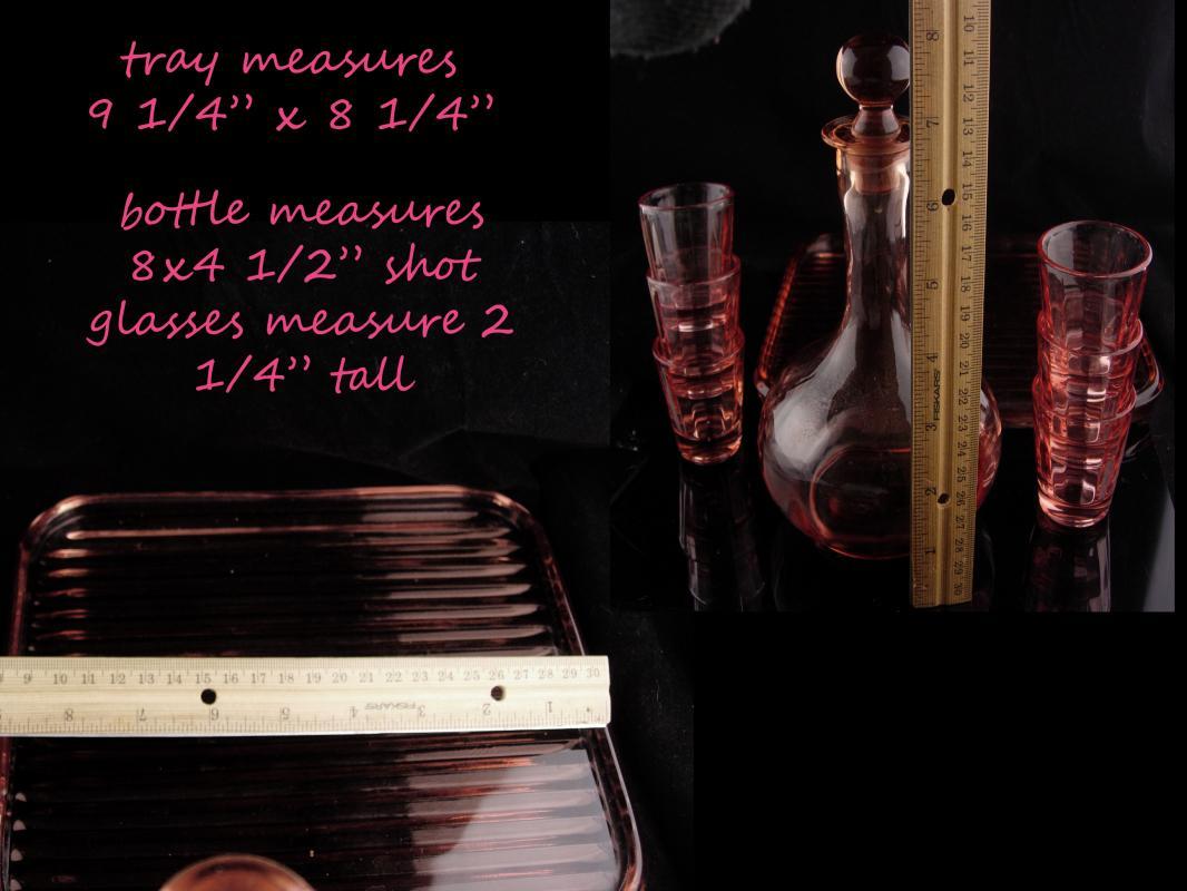 Pink Depression glass set - Vintage Decanter - ribbed glass tray - 6 pink shot glasses - vintage barware - liquor bottle set