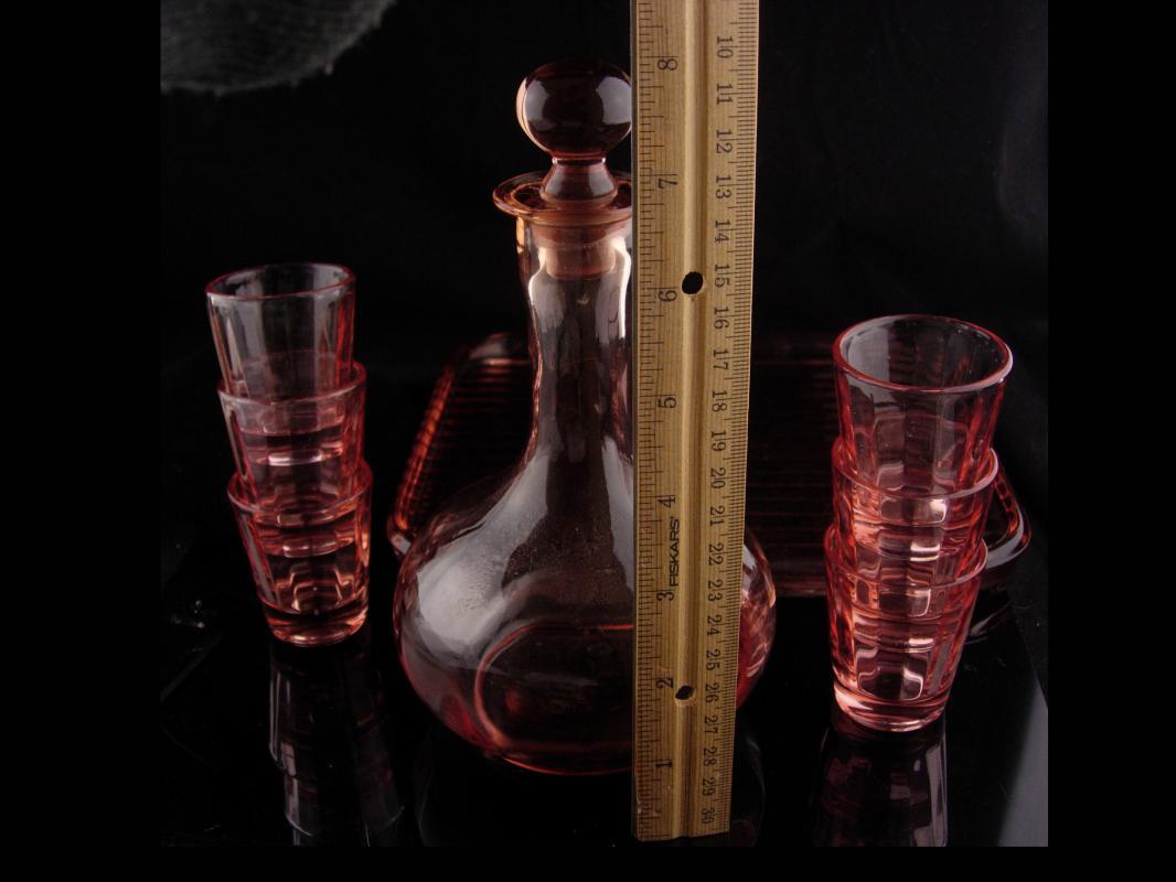 Pink Depression glass set - Vintage Decanter - ribbed glass tray - 6 pink shot glasses - vintage barware - liquor bottle set
