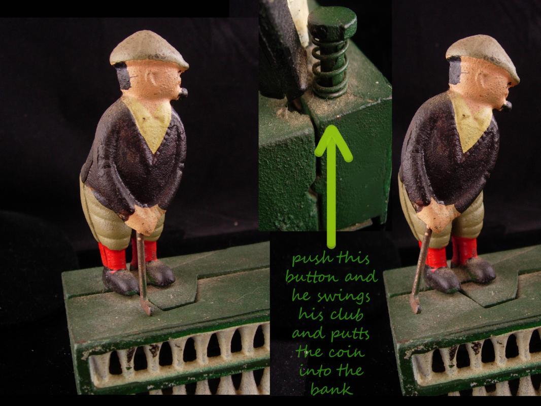 Mechanical bank - Vintage golf gift - metal toy - cast iron bank - Birdie Putt - Golfer and caddie - hole in one - gag gift