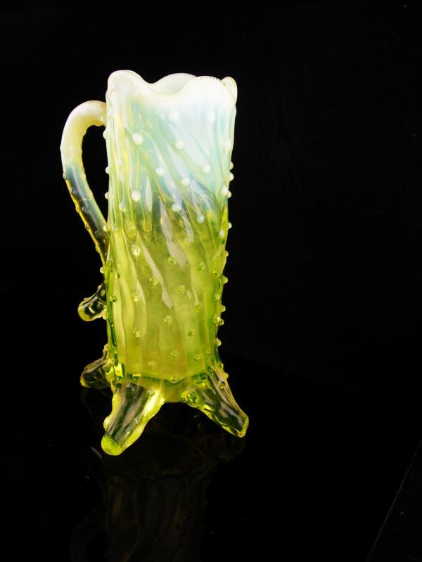 UNUSUAL vaseline glass mug / Vintage yellow art glass / John Walsh Glassware / Opalescent / Thorn Footed / Uranium Glass with handle
