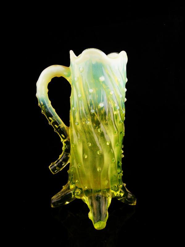 UNUSUAL vaseline glass mug / Vintage yellow art glass / John Walsh Glassware / Opalescent / Thorn Footed / Uranium Glass with handle