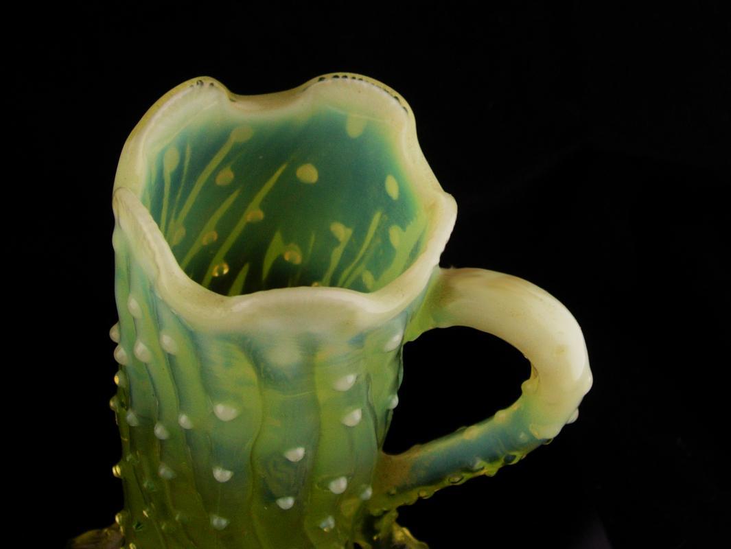 UNUSUAL vaseline glass mug / Vintage yellow art glass / John Walsh Glassware / Opalescent / Thorn Footed / Uranium Glass with handle