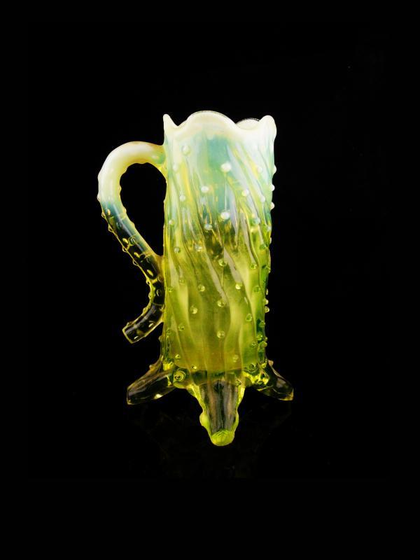 UNUSUAL vaseline glass mug / Vintage yellow art glass / John Walsh Glassware / Opalescent / Thorn Footed / Uranium Glass with handle