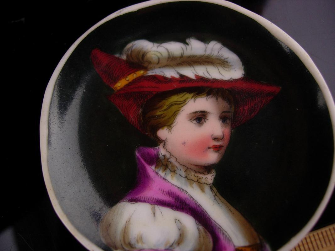 Antique French miniature - Handpainted portrait - Victorian cameo - young man or girl - Feather hat - miniature antique plate - renaissance