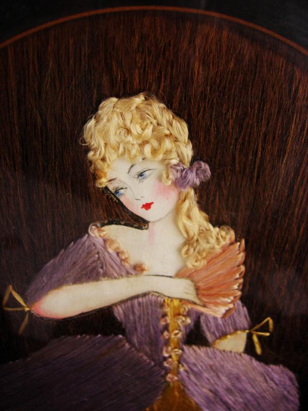 Antique 19th century Hair portrait - frame hair art - victorian fashion - Oval Victorian frame - hand painted doll Bustle dress under glass
