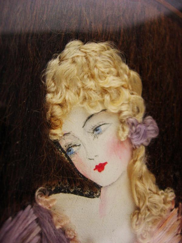 Antique 19th century Hair portrait - frame hair art - victorian fashion - Oval Victorian frame - hand painted doll Bustle dress under glass