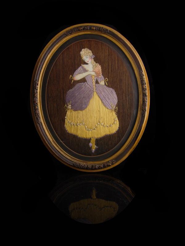 Antique 19th century Hair portrait - frame hair art - victorian fashion - Oval Victorian frame - hand painted doll Bustle dress under glass