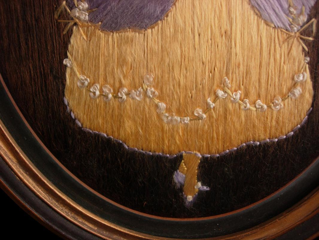 Antique 19th century Hair portrait - frame hair art - victorian fashion - Oval Victorian frame - hand painted doll Bustle dress under glass