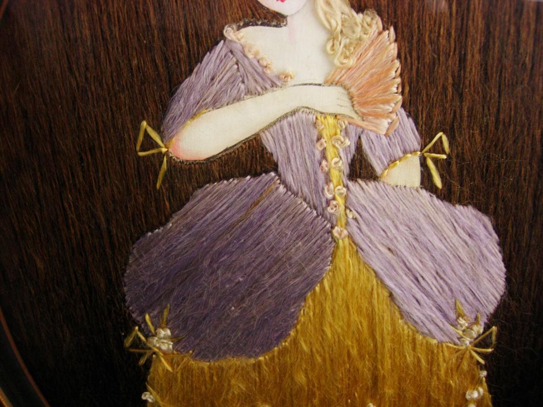 Antique 19th century Hair portrait - frame hair art - victorian fashion - Oval Victorian frame - hand painted doll Bustle dress under glass