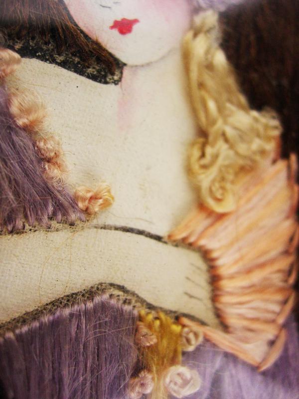 Antique 19th century Hair portrait - frame hair art - victorian fashion - Oval Victorian frame - hand painted doll Bustle dress under glass