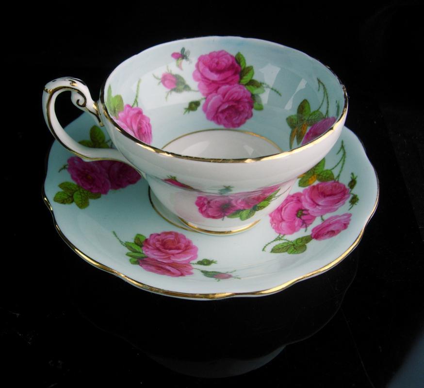 Vintage blue teacup - EB Foley bone china tea cup - Pink roses flower Tea Cup saucer set - Fine bone china - mother of the bride gift