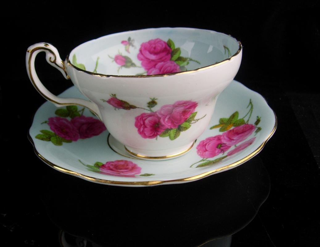 Vintage blue teacup - EB Foley bone china tea cup - Pink roses flower Tea Cup saucer set - Fine bone china - mother of the bride gift