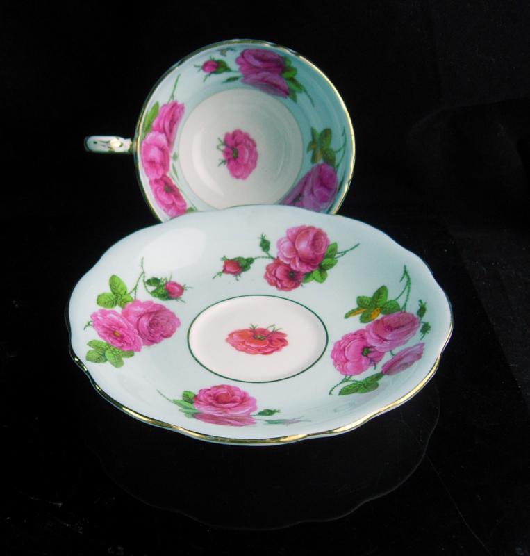 Vintage blue teacup - EB Foley bone china tea cup - Pink roses flower Tea Cup saucer set - Fine bone china - mother of the bride gift