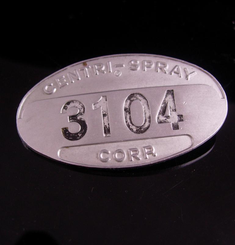 Vintage Employee pin - silver badge - Vintage Cast Metal - Centri-Spray Corp 3104 - Employee Metal Badge Livonia Michigan identification