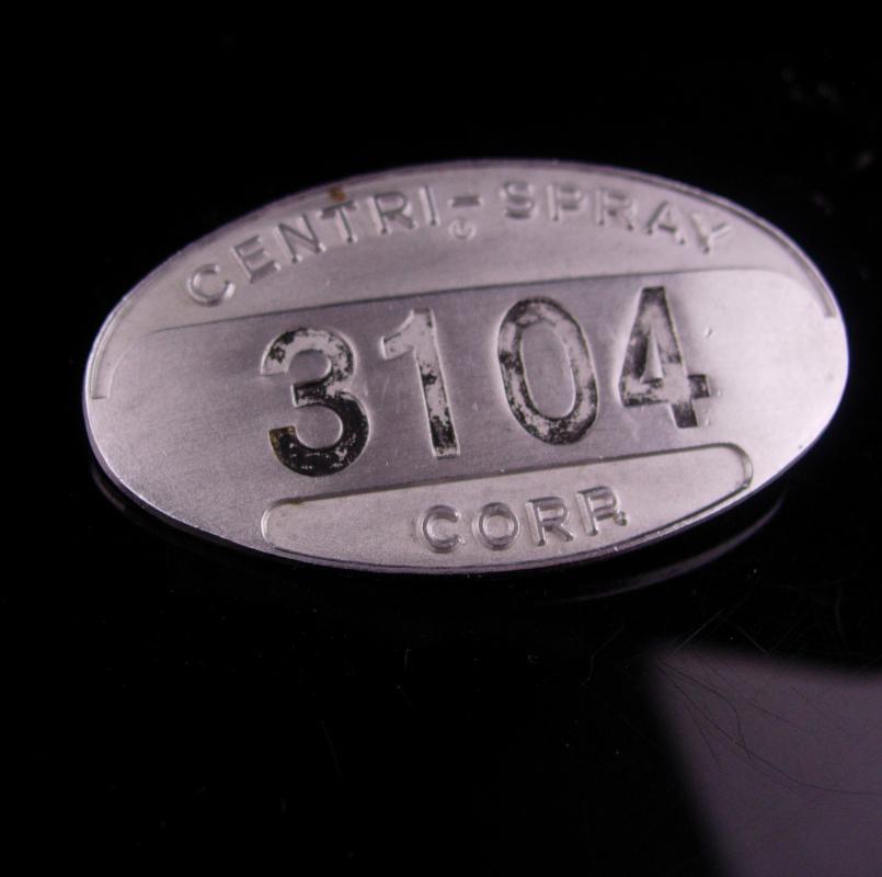 Vintage Employee pin - silver badge - Vintage Cast Metal - Centri-Spray Corp 3104 - Employee Metal Badge Livonia Michigan identification