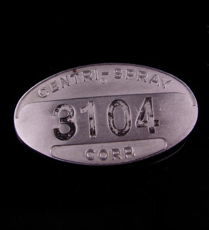Vintage Employee pin - silver badge - Vintage Cast Metal - Centri-Spray Corp 3104 - Employee Metal Badge Livonia Michigan identification