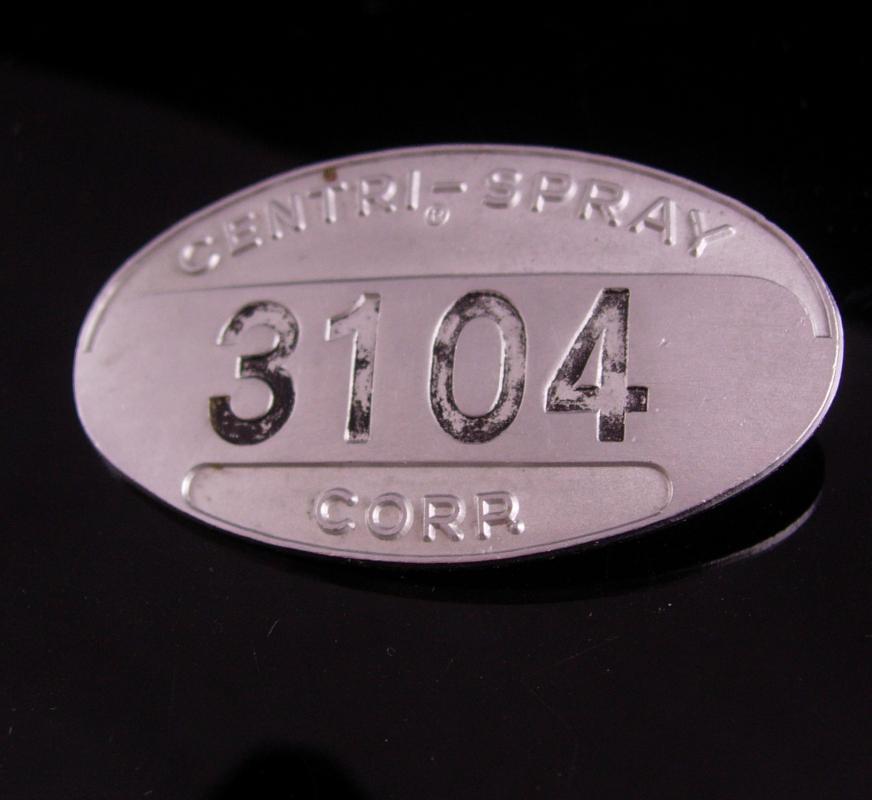 Vintage Employee pin - silver badge - Vintage Cast Metal - Centri-Spray Corp 3104 - Employee Metal Badge Livonia Michigan identification