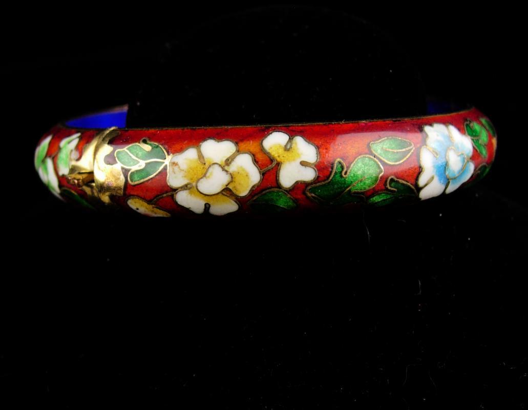 Oriental hinged bracelet - Good luck chinese gift - vintage Asian bangle - ladies red estate jewelry - cobalt blue - wedding gift