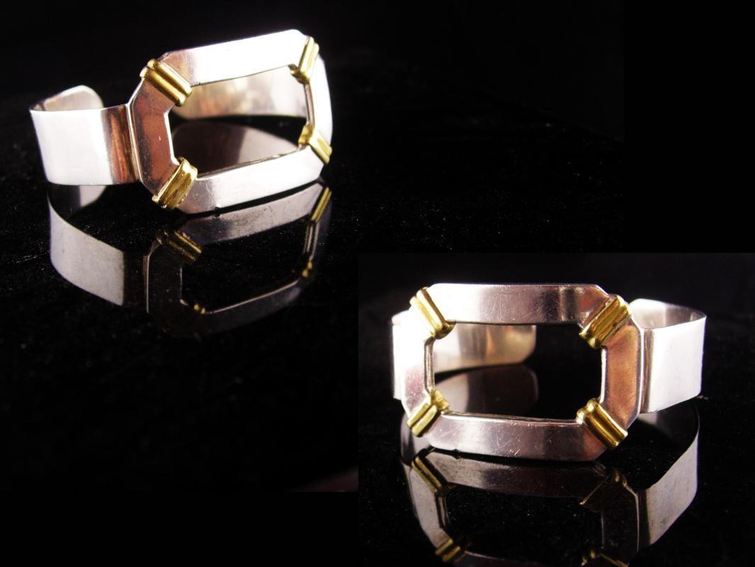 Sterling Large Cuff - Gideon silver - buckle bracelet - Wide with gold relief - artisan jewelry - mens womens -modernist jewelry