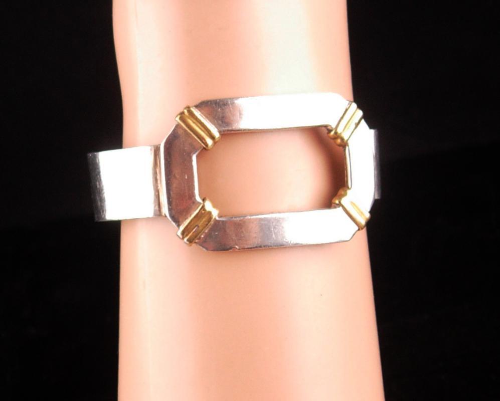 Sterling Large Cuff - Gideon silver - buckle bracelet - Wide with gold relief - artisan jewelry - mens womens -modernist jewelry