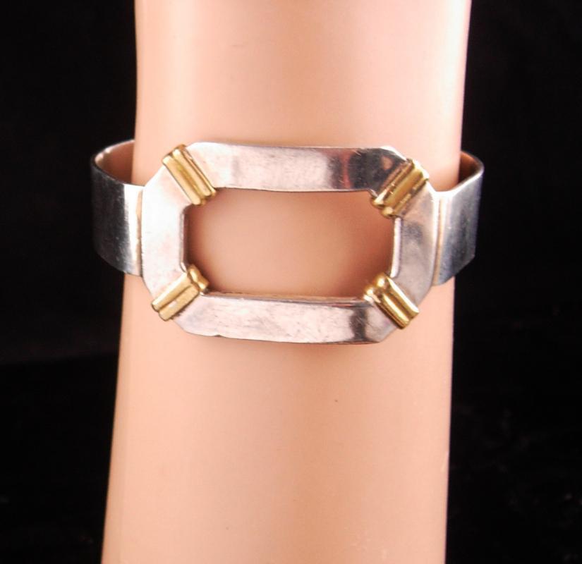 Sterling Large Cuff - Gideon silver - buckle bracelet - Wide with gold relief - artisan jewelry - mens womens -modernist jewelry