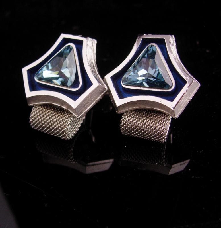 Vintage Blue Cufflinks - silver mesh wrap - mondernist enamel - Tuxedo Wedding groom - December birthstone - sagittarius capricorn