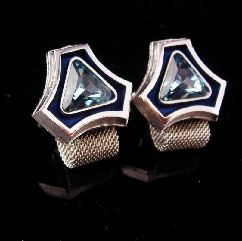 Vintage Blue Cufflinks - silver mesh wrap - mondernist enamel - Tuxedo Wedding groom - December birthstone - sagittarius capricorn