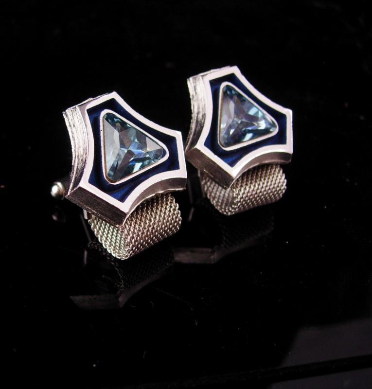 Vintage Blue Cufflinks - silver mesh wrap - mondernist enamel - Tuxedo Wedding groom - December birthstone - sagittarius capricorn