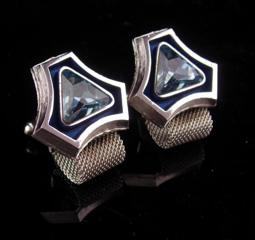 Vintage Blue Cufflinks - silver mesh wrap - mondernist enamel - Tuxedo Wedding groom - December birthstone - sagittarius capricorn