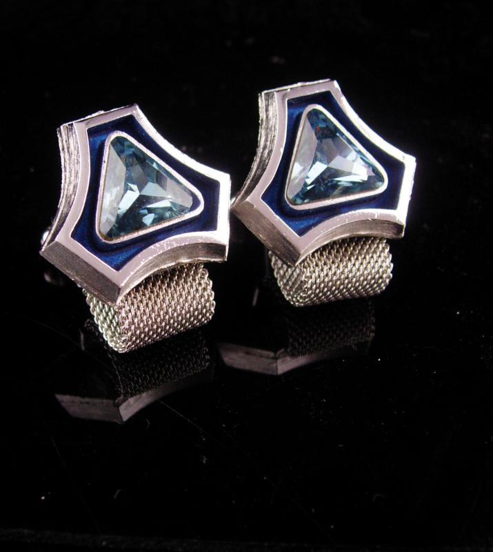 Vintage Blue Cufflinks - silver mesh wrap - mondernist enamel - Tuxedo Wedding groom - December birthstone - sagittarius capricorn