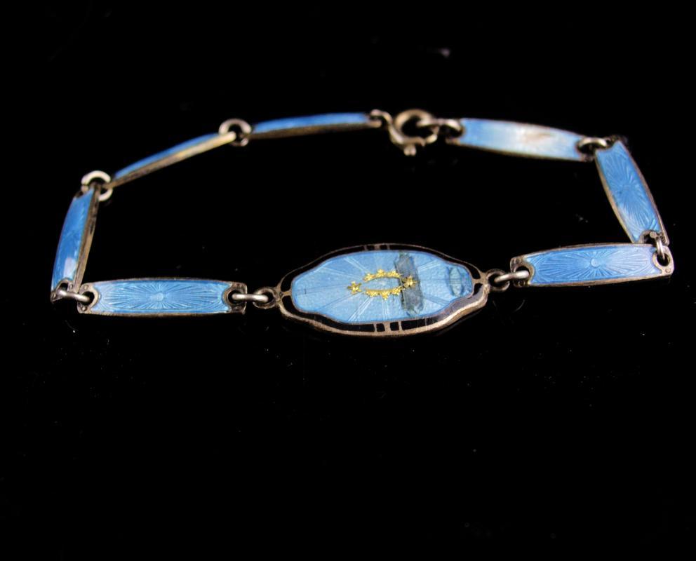 Antique Sterling bracelet - Vintage art deco jewelry - blue guilloche enamel - religious bracelet -estate jewelry - signed bracelet