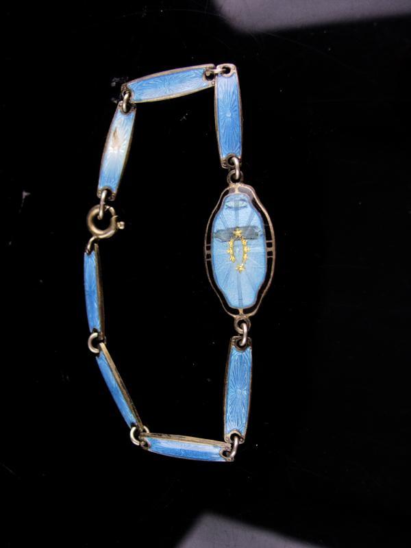 Antique Sterling bracelet - Vintage art deco jewelry - blue guilloche enamel - religious bracelet -estate jewelry - signed bracelet