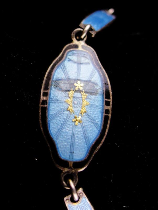Antique Sterling bracelet - Vintage art deco jewelry - blue guilloche enamel - religious bracelet -estate jewelry - signed bracelet