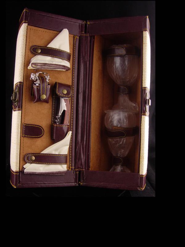 Wine glass case - corkscrew - stemware - ornate cork - bottle opener - original case - NEVER used - Wedding anniversary gift - picnic set