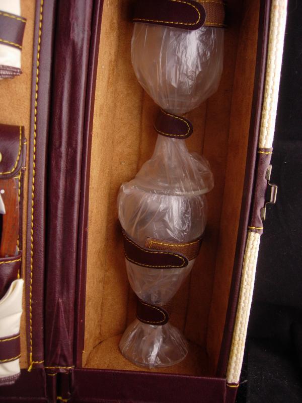 Wine glass case - corkscrew - stemware - ornate cork - bottle opener - original case - NEVER used - Wedding anniversary gift - picnic set
