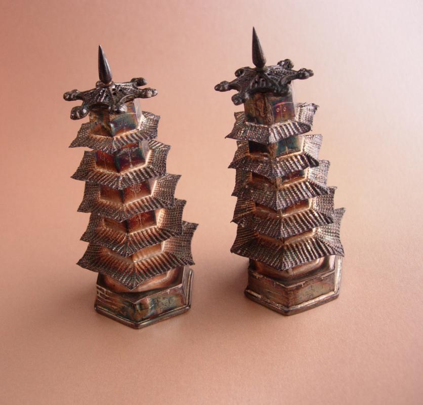 Vintage sterling Salt & Pepper shaker set - Pagoda set - 950 chinese silver - Oriental Asian design - wedding gift collector gift