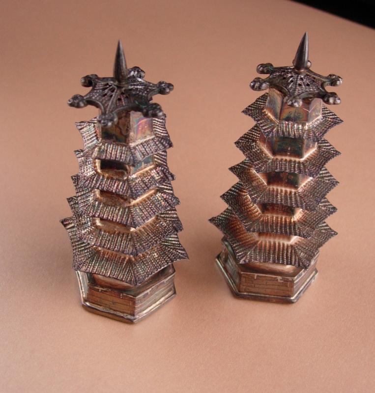 Vintage sterling Salt & Pepper shaker set - Pagoda set - 950 chinese silver - Oriental Asian design - wedding gift collector gift