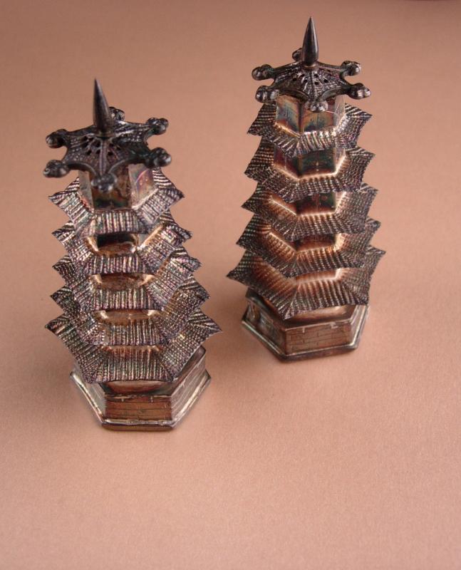 Vintage sterling Salt & Pepper shaker set - Pagoda set - 950 chinese silver - Oriental Asian design - wedding gift collector gift