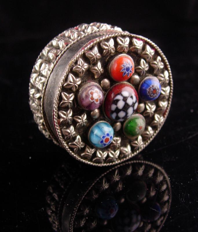 Vintage Millefiori trinket Box - silver Ring casket - keepsake case - jewelry case - lined box - etruscan metal - miniature box