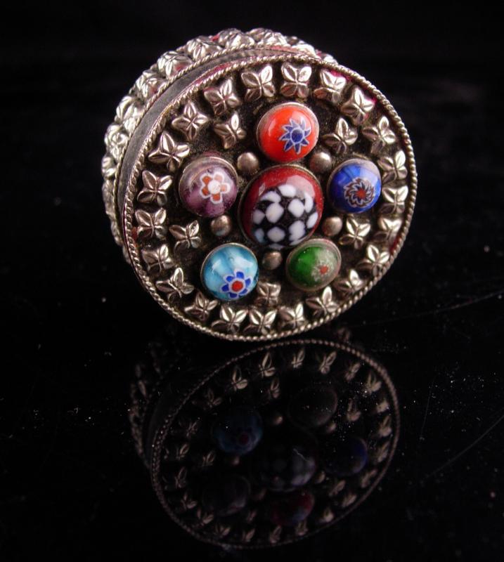 Vintage Millefiori trinket Box - silver Ring casket - keepsake case - jewelry case - lined box - etruscan metal - miniature box