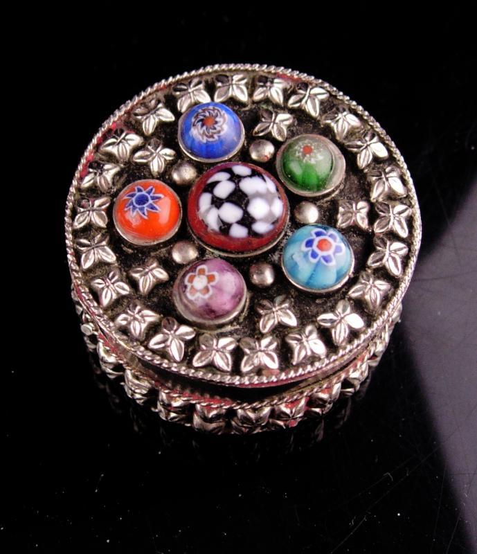 Vintage Millefiori trinket Box - silver Ring casket - keepsake case - jewelry case - lined box - etruscan metal - miniature box