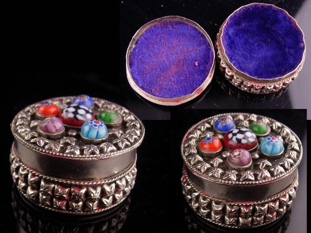 Vintage Millefiori trinket Box - silver Ring casket - keepsake case - jewelry case - lined box - etruscan metal - miniature box