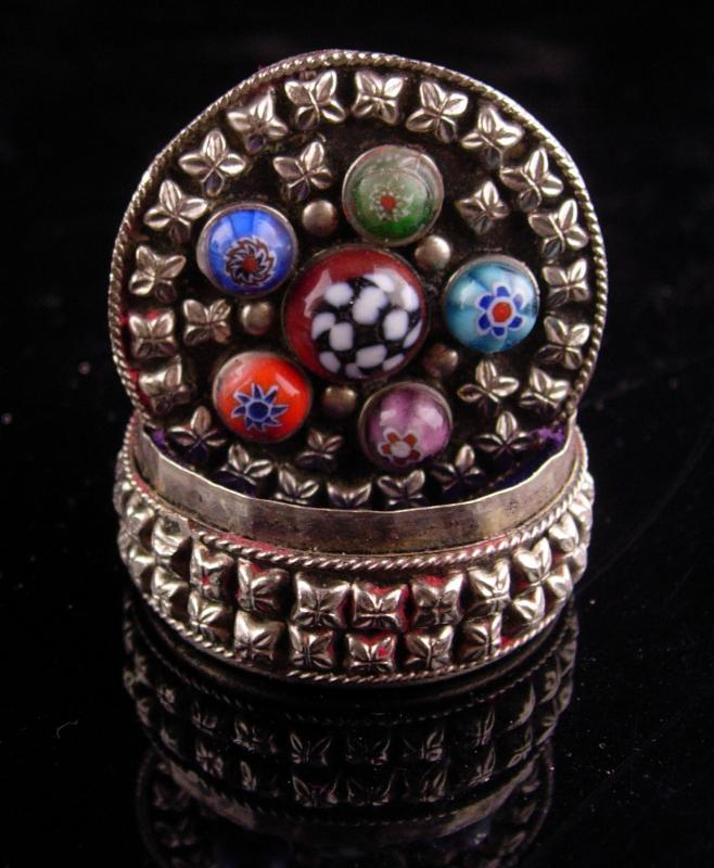 Vintage Millefiori trinket Box - silver Ring casket - keepsake case - jewelry case - lined box - etruscan metal - miniature box