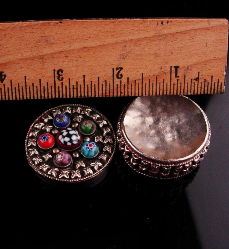 Vintage Millefiori trinket Box - silver Ring casket - keepsake case - jewelry case - lined box - etruscan metal - miniature box