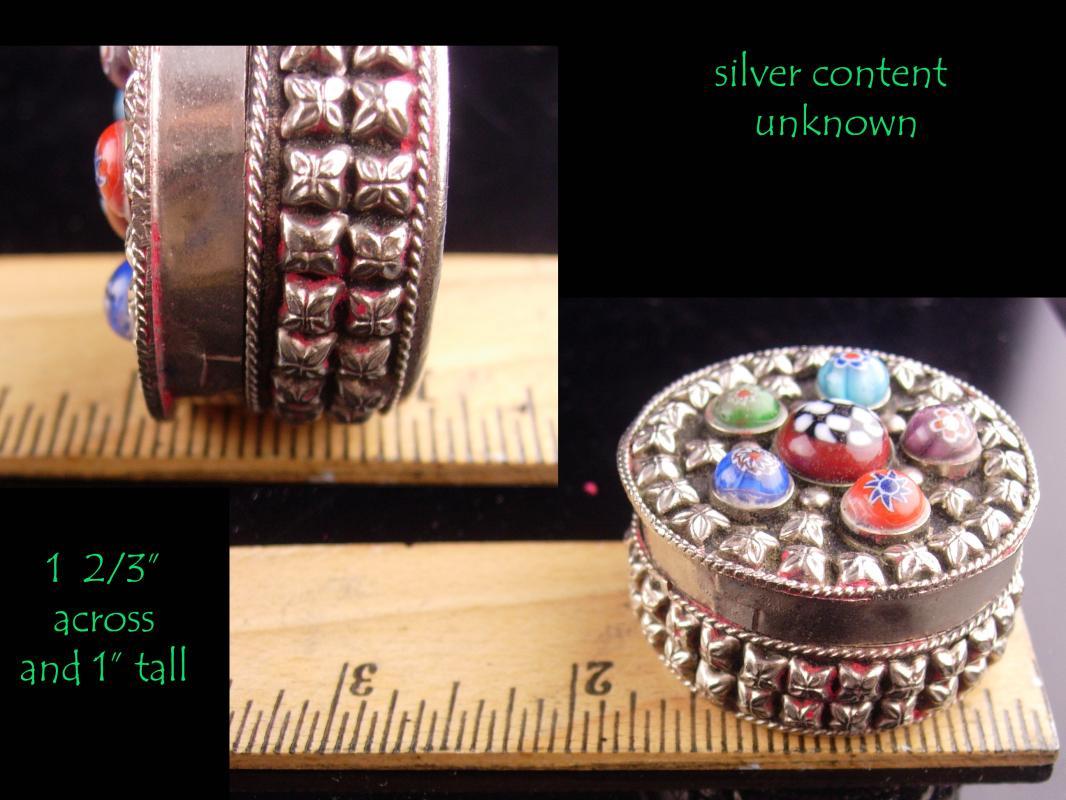 Vintage Millefiori trinket Box - silver Ring casket - keepsake case - jewelry case - lined box - etruscan metal - miniature box